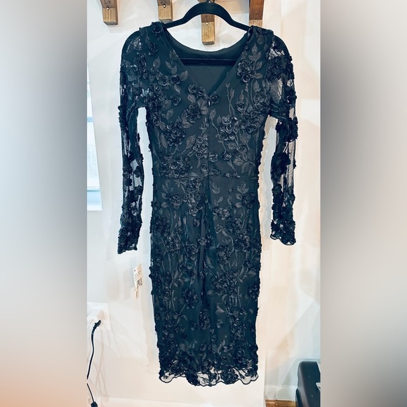 NWT AQUA Floral Embroidered Cocktail Party Dress Midi Long Sleeve Black - Picture 9 of 15